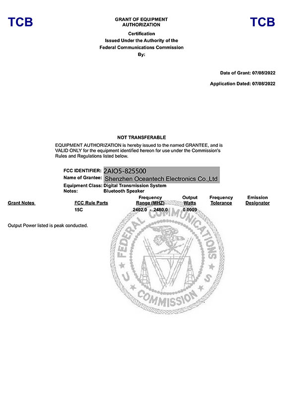 FCC - OET TCB Form 731 Grant of Equipment Authorization